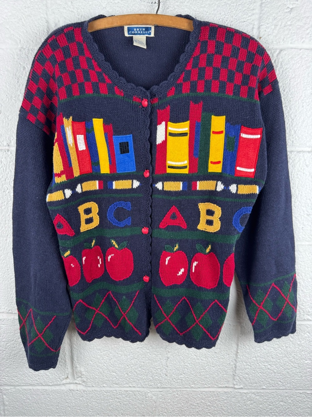 Vintage Bryn Connelly Teacher Cardigan Sweater Large Book Apple ABC Library